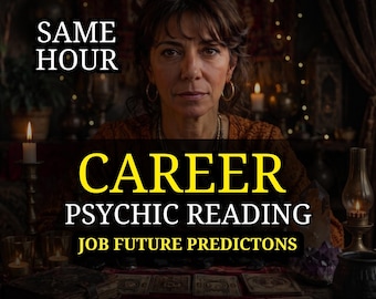 Op de afbeelding: Een persoon met donker haar zit achter een tafel met tarotkaarten, kaarsen en een lamp. De tekst luidt: SAME HOUR, CAREER PSYCHIC READING, JOB FUTURE PREDICTONS. De scène is zwak verlicht met warm licht en een donkere achtergrond.