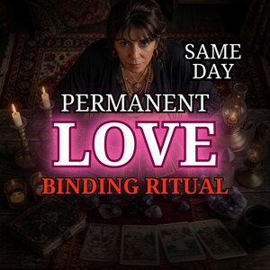 Może przedstawiać: Ciemna grafika z napisem SAME DAY PERMANENT LOVE BINDING RITUAL. Obraz przedstawia osobę w warstwowych naszyjnikach, otoczoną zapalonymi świecami, kartami tarota, kryształami i starą księgą na drewnianej powierzchni.