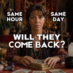 Peut inclure: Une personne aux cheveux bruns portant des créoles dorées et des colliers superposés, posant ses mains sur un jeu de cartes. Le texte indique : SAME HOUR, SAME DAY, WILL THEY COME BACK ? On voit un cristal, un calice en métal et des pierres polies.