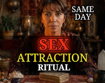 Puede incluir: Una persona de cabello oscuro con aros dorados se sienta detrás de una mesa con cartas del tarot, un mazo de cartas, cristales y un cuenco negro. El texto SAME DAY, SEX, ATTRACTION y RITUAL aparece en letras blancas, rojas y amarillas.