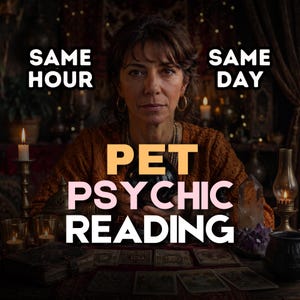 May include: A person in a dark room with candles and crystals, holding a dark sphere. Text reads: SAME HOUR, SAME DAY, PET PSYCHIC READING. The person wears a textured orange top and gold hoop earrings, with tarot cards laid out on the table.