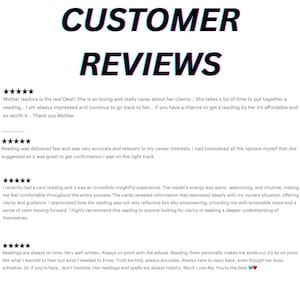 May include: Image features the words "CUSTOMER REVIEWS" in large, bold, black letters. Below, customer testimonials are displayed, each with a five-star rating. The reviews praise the service's accuracy, insight, and helpfulness.