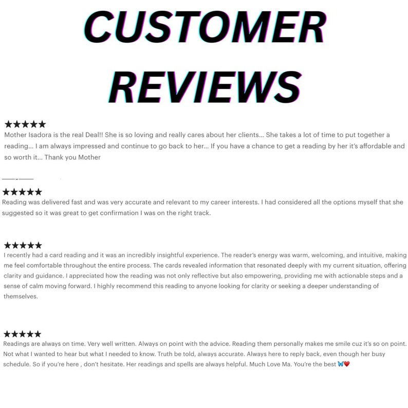 May include: Image features the words "CUSTOMER REVIEWS" in large, bold, black letters. Below, customer testimonials are displayed, each with a five-star rating. The reviews praise the service's accuracy, insight, and helpfulness.