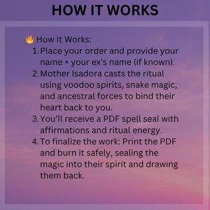 Peut inclure: Un graphique num&eacute;rique avec un fond d&eacute;grad&eacute; violet et orange intitul&eacute; HOW IT WORKS. Il &eacute;num&egrave;re quatre &eacute;tapes : fournir des noms, Mother Isadora effectuant un rituel avec des esprits vaudous et de la magie, recevoir un sceau PDF et br&ucirc;ler le PDF.