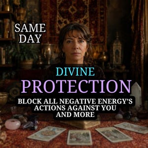 May include: A person with dark hair sits behind a table covered in a red patterned cloth with tarot cards and crystals. Text overlays read: SAME DAY, DIVINE PROTECTION, and BLOCK ALL NEGATIVE ENERGY'S ACTIONS AGAINST YOU AND MORE in various colors.