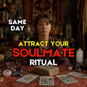 Puede incluir: Una persona con una prenda oscura estampada está sentada a una mesa con cartas del tarot, un libro grueso y cristales. El texto dice: SAME DAY ATTRACT YOUR SOULMATE RITUAL. La escena incluye varios objetos decorativos en un entorno con poca luz.