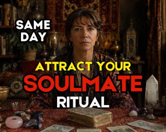 Op de afbeelding: Een persoon in een donker kledingstuk met patroon zit aan een tafel met tarotkaarten, een dik boek en kristallen. De tekst op de afbeelding luidt: SAME DAY ATTRACT YOUR SOULMATE RITUAL. De scène bevat diverse decoratieve items in een donkere ruimte.