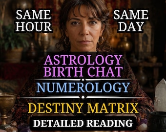 May include: A digital graphic featuring the text SAME HOUR SAME DAY, ASTROLOGY BIRTH CHAT, NUMEROLOGY, DESTINY MATRIX, and DETAILED READING. The background shows a person with dark hair and gold hoop earrings, with crystals and cards on a table.