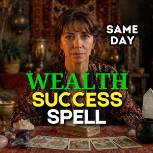 May include: A person with brown hair wearing gold hoop earrings and a dark patterned top sits behind a table with five tarot cards, a book, and crystals. Text on the image reads SAME DAY WEALTH SUCCESS SPELL in white, green, and yellow lettering.