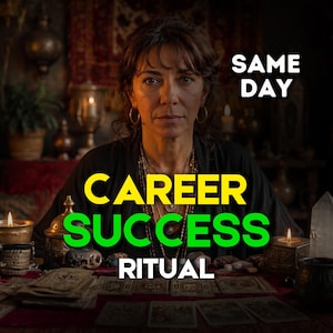 Può includere: Una persona con capelli scuri, orecchini a cerchio e collane a strati siede davanti a un tavolo con tarocchi, candele e un cristallo. Il testo recita SAME DAY CAREER SUCCESS RITUAL in bianco, giallo e verde su uno sfondo scuro e tenue.