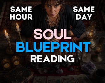 May include: A person behind a table with candles, crystals, and tarot cards. Text reads: SAME HOUR, SAME DAY, SOUL BLUEPRINT READING. The scene includes brass candle holders, a dark book, and various stones arranged on a patterned red cloth surface.