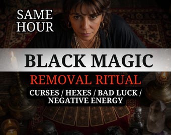 May include: A digital graphic featuring a person behind a table with tarot cards, skulls, crystals, and candles. Text reads: SAME HOUR, BLACK MAGIC, REMOVAL RITUAL, CURSES / HEXES / BAD LUCK / NEGATIVE ENERGY. The overall color palette is dark and moody.