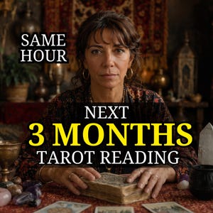 Peut inclure: Une personne aux cheveux bruns portant des créoles dorées et un haut à motifs sombres, les mains posées sur un jeu de tarot. Le texte indique : SAME HOUR NEXT 3 MONTHS TAROT READING. La scène comprend des cristaux épars et une petite coupe en métal.