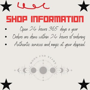 May include: A cream-colored graphic with black stars, red text, and a celestial design. The text reads "SHOP INFORMATION" followed by details about availability and services. The design includes the words "MOON AND STARS".