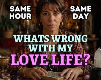 May include: A person with brown hair wearing a patterned top and gold hoop earrings, sitting behind a table with tarot cards, crystals, and a deck of cards. Text reads: SAME HOUR, SAME DAY, WHATS WRONG WITH MY LOVE LIFE?