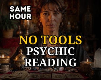 May include: A person with dark hair wearing hoop earrings and a black top, positioned behind a table with tarot cards, candles, and crystals. The text reads: SAME HOUR NO TOOLS PSYCHIC READING. The scene is dimly lit with a dark, atmospheric background.