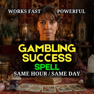 Puede incluir: Una persona de cabello oscuro con aros dorados sentada ante una mesa con cartas de tarot, cristales y un libro. El texto dice: WORKS FAST, POWERFUL, GAMBLING SUCCESS SPELL, SAME HOUR / SAME DAY. La escena tiene una iluminación tenue.