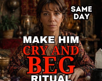 May include: A person with dark hair wearing a patterned top and gold hoop earrings, positioned behind a table with crystals and tarot cards. The text reads: SAME DAY MAKE HIM CRY AND BEG RITUAL. The person has a neutral expression and is looking forward.