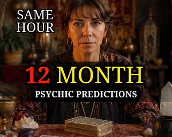 May include: A person with dark hair wearing gold hoop earrings and a patterned top sits behind a table with a deck of tarot cards, five laid-out cards, crystals, and a small black bowl. Text reads SAME HOUR, 12 MONTH, and PSYCHIC PREDICTIONS.