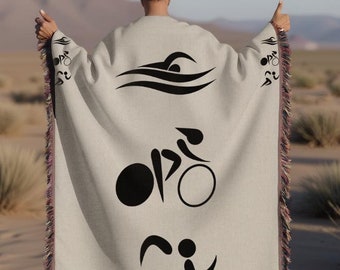 Triathlon Woven Blanket, Swim Bike Run Logo, Gift for Triathletes, Athletes & Sports Fans, Premium Quality Home Décor, Race Day Comfort