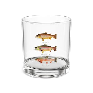 May include: A clear glass tumbler with a brown, rainbow, and brook trout printed on the side. The trout are labeled with their names.