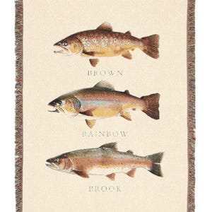 May include: A woven tapestry featuring three different types of trout: a brown trout, a rainbow trout, and a brook trout. Each fish is depicted in detail with realistic colours and markings. The tapestry has a cream-coloured background and a brown fringe border.