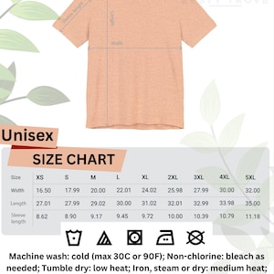 May include: Unisex size chart for t-shirts with measurements in inches for width, length, and sleeve length. Sizes range from XS to 5XL.