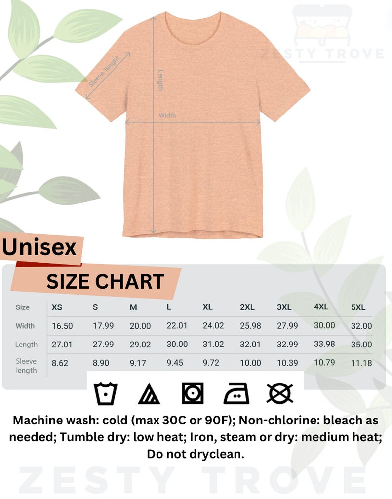 May include: Unisex size chart for t-shirts with measurements in inches for width, length, and sleeve length. Sizes range from XS to 5XL.