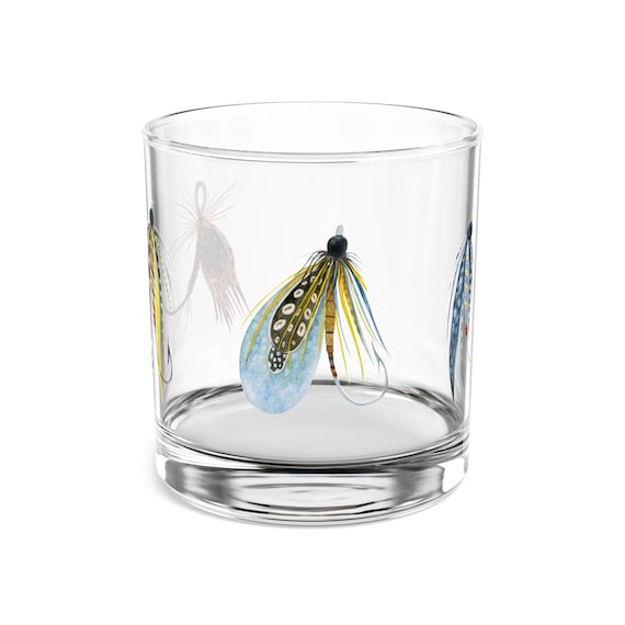 Fly Fishing Lures Whiskey Glass: Outdoorsman Gift, 10oz