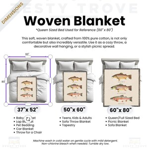 May include: A woven blanket featuring a design of three trout fish on a cream background. The blanket is displayed on a bed with a white duvet cover. The blanket is available in three sizes: 37 inches by 52 inches, 50 inches by 60 inches, and 60 inches by 80 inches. The text "Woven Blanket" is at the top of the image.