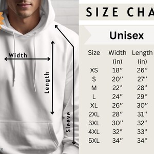 May include: Size chart for a unisex hoodie, showing measurements in inches for width, length, and sleeve length for sizes XS to 5XL.