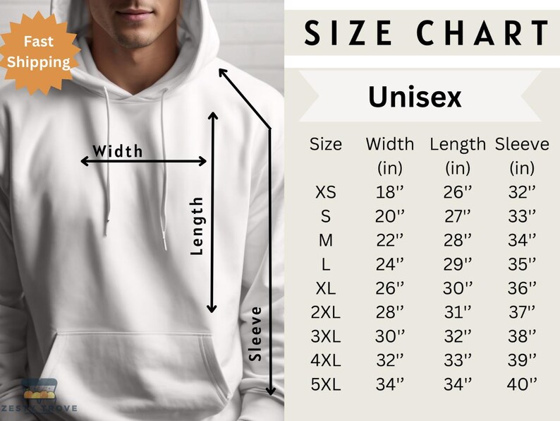 May include: Size chart for a unisex hoodie, showing measurements in inches for width, length, and sleeve length for sizes XS to 5XL.