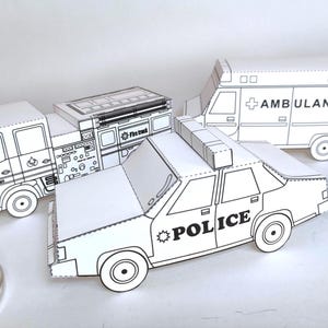 Hojas de actividades imprimibles de autos de papel, descarga instantánea, colorea, recorta y crea, actividad de manualidades para niños. Policía/bomberos/ambulancia