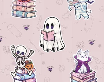 May include: A digital sticker pack with a spooky theme featuring five different characters reading books. The characters include a witch, a mummy, a ghost, a skeleton, and a cat. The stickers are perfect for adding a touch of Halloween fun to your planner, laptop, or water bottle.