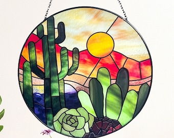 Cactus Succlent Plants and Desert Sunset Stained Glass Suncatcher/Window Hanging