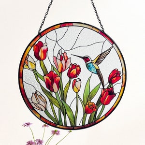 Hummingbird and Tulips Stained Glass Suncatcher/Window Hanging