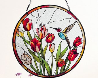 Hummingbird and Tulips Stained Glass Suncatcher/Window Hanging