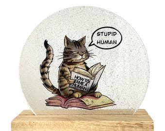 How to tame a human- Catitalism Handbook, Tabby Cat, Dragon Li Cat Night Light, Stained Glass Lamp, Cat Lover Gift, Cat Reading a Book