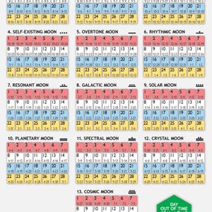 Pode incluir: Um calendário colorido com 13 ciclos lunares diferentes, cada um com datas e números. O calendário inclui o texto "Day Out of Time 'Green Day' Planetary Peace through Culture Festival 7-25."