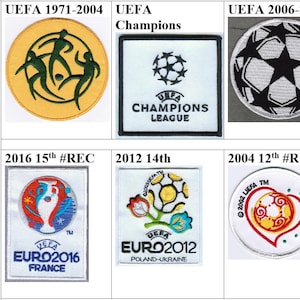 Peut inclure: Une collection de patchs brodés avec des logos de l'UEFA et des emblèmes de tournois. Comprend des patchs de 1971 à 2016, avec des textes tels que "Champions League", "Super Cup" et des événements "EURO". Les patchs présentent diverses couleurs et motifs.