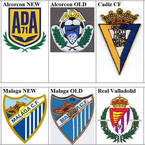 Puede incluir: Un collage de nueve logos de equipos de fútbol. Los logos son todos en forma de escudo o círculo y presentan varios colores, incluyendo azul, amarillo, rojo y verde. Los logos incluyen los nombres de los equipos, como "Las Palmas", "Alcorcon", "Cadiz", "Deportivo Alaves", "Girona", "Malaga" y "Real Valladolid".