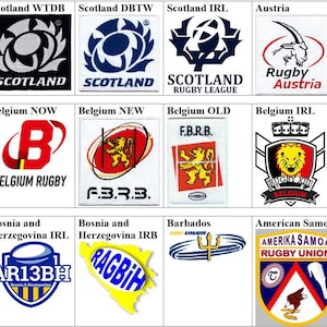 May include: A grid of twelve embroidered patches featuring various international rugby team logos, including Scotland, Austria, Belgium, Bosnia and Herzegovina, Barbados, and American Samoa, each displaying unique colors, text, and symbols.