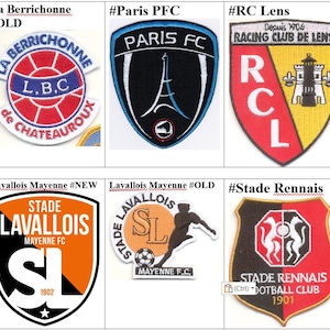 May include: A collage of nine embroidered patches featuring logos of different French football clubs. The patches are in various colors, including red, blue, yellow, black, and white. The logos include the names of the clubs, such as "La Berrichonne", "Paris FC", and "Stade Rennais".