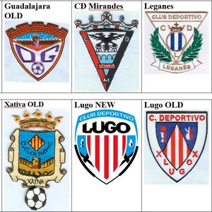 Könnte beinhalten: Eine Collage aus acht verschiedenen Fußball-Teamlogos. Die Logos sind alle in Schildform und weisen verschiedene Farben und Designs auf. Die Logos beinhalten die Namen der Teams, wie Guadalajara, Xativa, Lugo und Numancia de Soria.