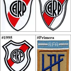 May include: Four embroidered patches featuring the logo of the Argentine football club, Club Atlético River Plate. The patches are white with a red diagonal stripe and a black circle with the letters "CARP" inside. The patches are labelled with the hashtags "#Now", "#New", "#1995", and "#Primera".