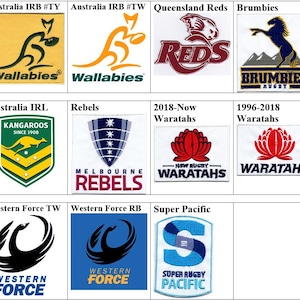May include: A collection of eleven embroidered rugby team patches arranged in a grid. The patches feature various logos including the Wallabies, Queensland Reds, Brumbies, Kangaroos, Melbourne Rebels, Waratahs, Western Force, and Super Rugby Pacific.