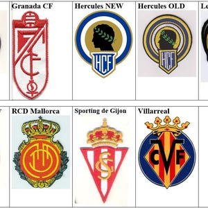 Può includere: Un collage di nove loghi ricamati per diversi club di calcio spagnoli, tra cui Getafe CF, Granada CF, Hercules NEW, Hercules OLD, Levante UD, Racing de Santander, RCD Mallorca, Sporting de Gijon e Villarreal.