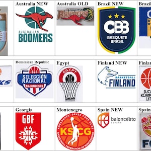 Puede incluir: Una colección de quince parches bordados de federaciones de baloncesto con varios logotipos de equipos nacionales, incluidos Argentina, Australia, Brasil, Croacia, República Dominicana, Egipto, Finlandia, Francia, Georgia, Montenegro y España, dispuestos en una cuadrícula.