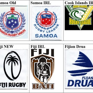 May include: A collection of ten embroidered patches featuring various Pacific Island rugby team logos, including Samoa, Cook Islands, Fiji, Fijian Drua, and Moana Pasifika, displayed in a grid with text labels identifying each specific team emblem.