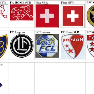 Könnte beinhalten: Eine Sammlung von elf gestickten Sportaufnähern mit verschiedenen Logos Schweizer Fußballvereine und Nationalflaggen. Die Aufnäher umfassen Designs für FA, BSC Young Boys, FC Basel, FC Lugano, FC Luzern, FC Sion und FC Lausanne-Sport in verschiedenen Formen.